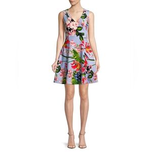 Vince Camuto | Sleeveless V-Neck Printed Scuba Fit-and-Flare | Blue | Size 12